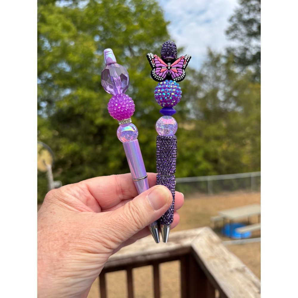 Handmade Purple Beaded Pen Set Butterfly Rhinestone Iridescent Stationery 2PC